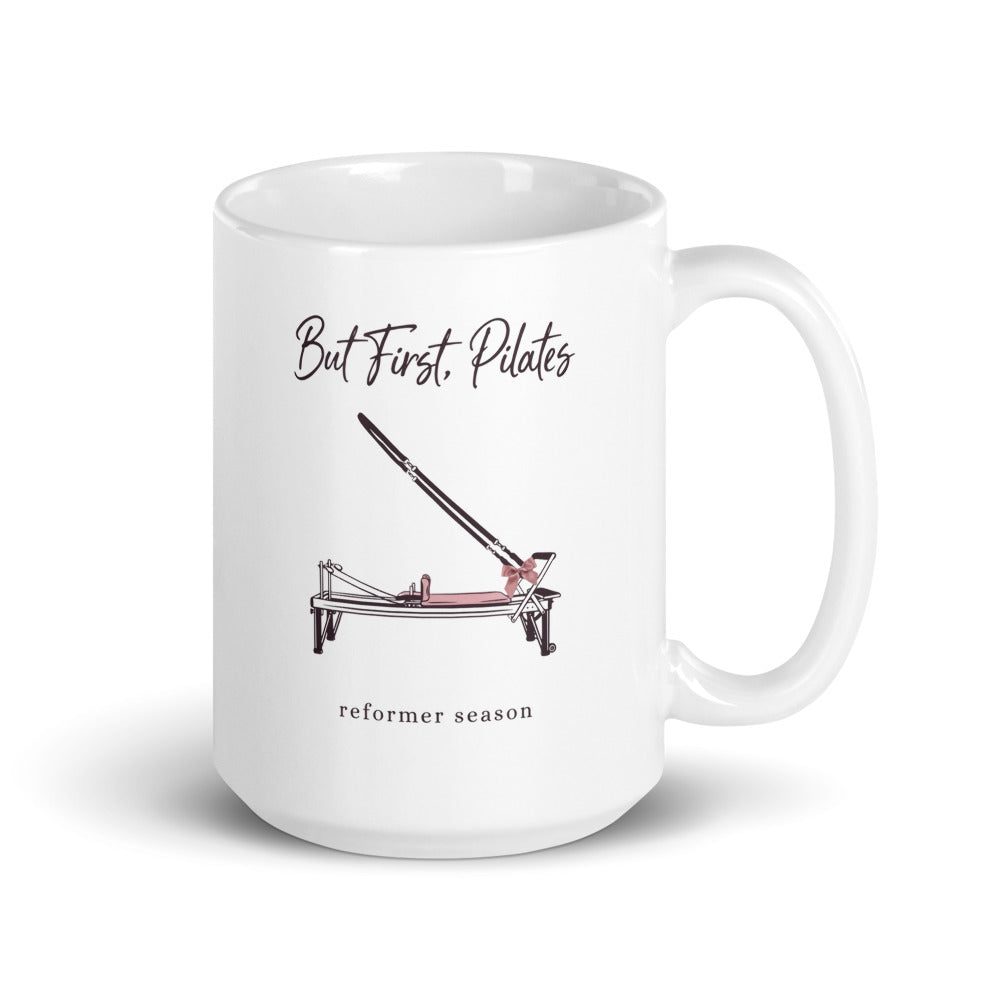 But First Pilates reformer line-art mug — 15 oz, handle on the right