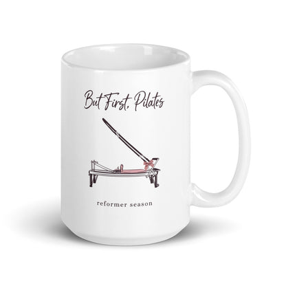But First Pilates reformer line-art mug — 15 oz, handle on the right