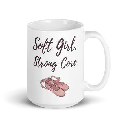 Soft Girl, Strong Core ballet-slipper pilates mug — 15 oz, handle on the right