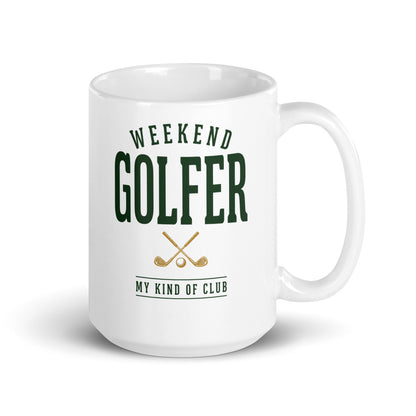 Weekend Golfer Wordmark print — 15 oz, handle on the right