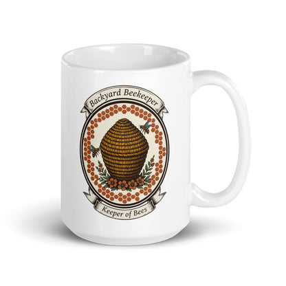 Backyard Beekeeper Keeper of Bees vintage apiary crest ceramic mug — 15 oz, handle on the right