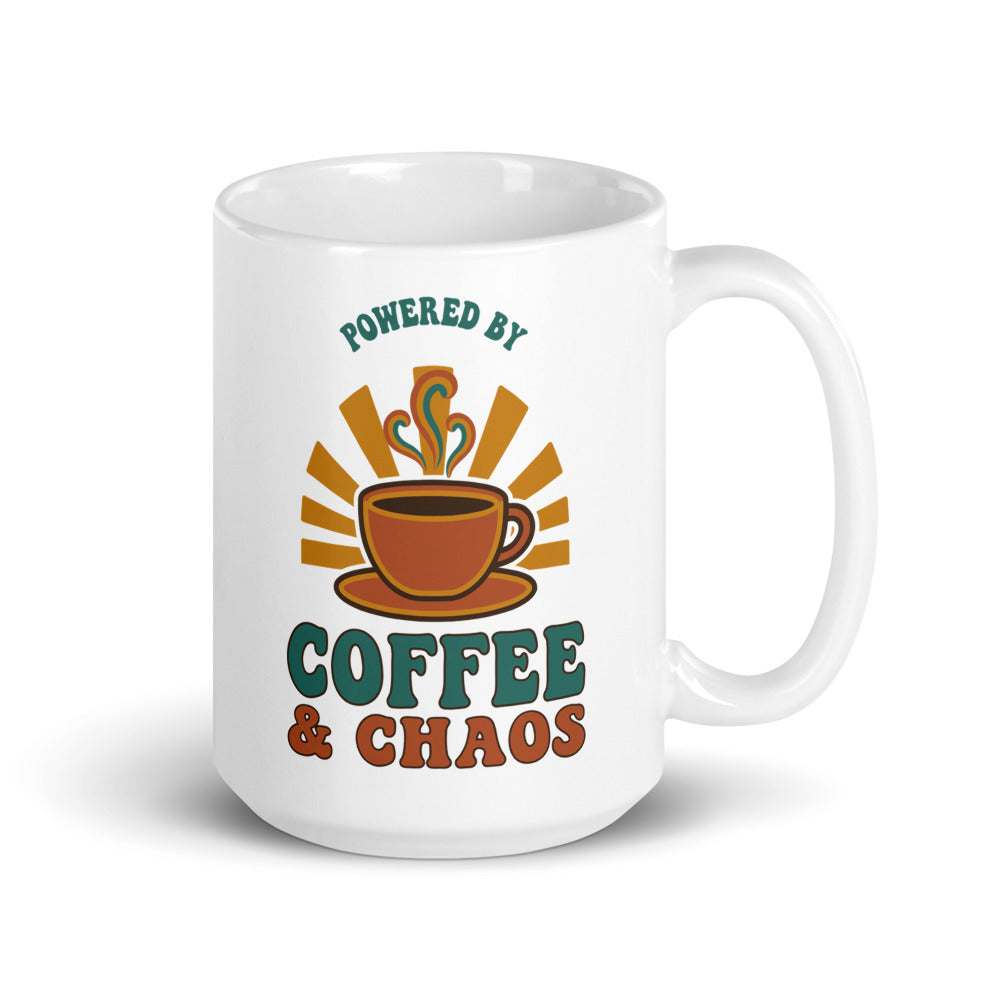 Powered By Coffee & Chaos print — 15 oz, handle on the right