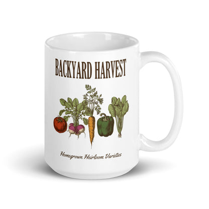 Backyard Harvest Heirloom Varieties print — 15 oz, handle on the right