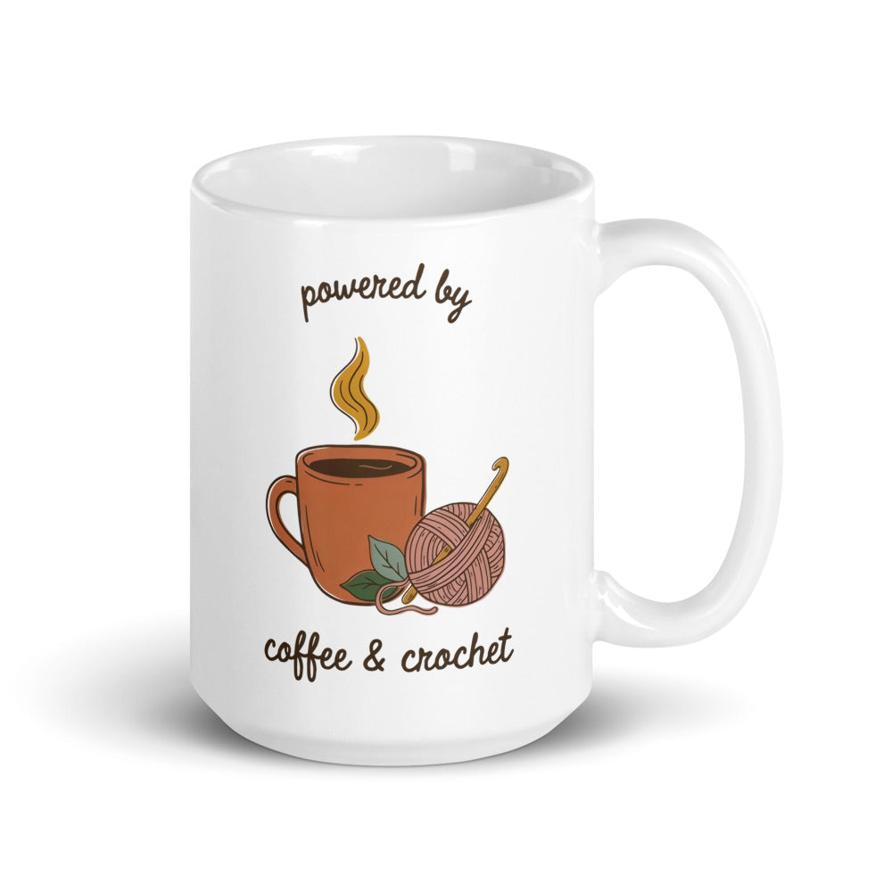 Powered by Coffee & Crochet print — 15 oz, handle on the right