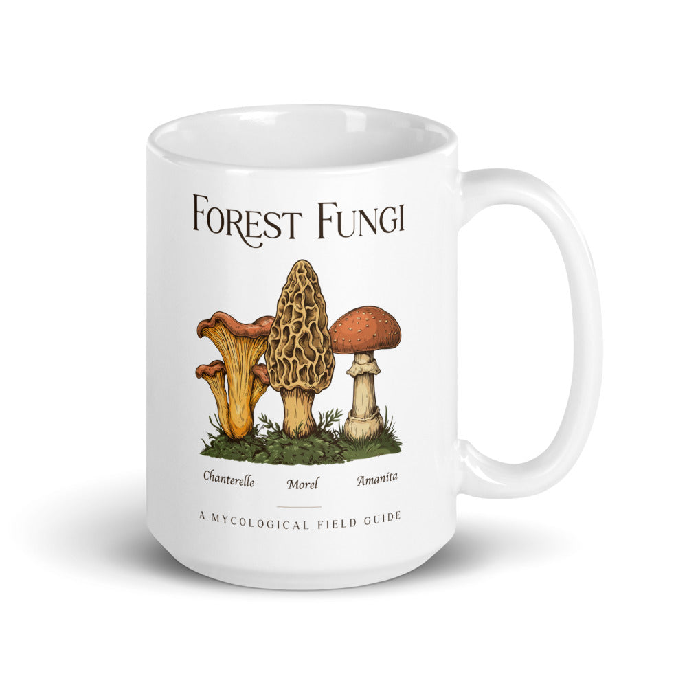 Forest Fungi vintage mushroom field guide mug — 15 oz, handle on the right