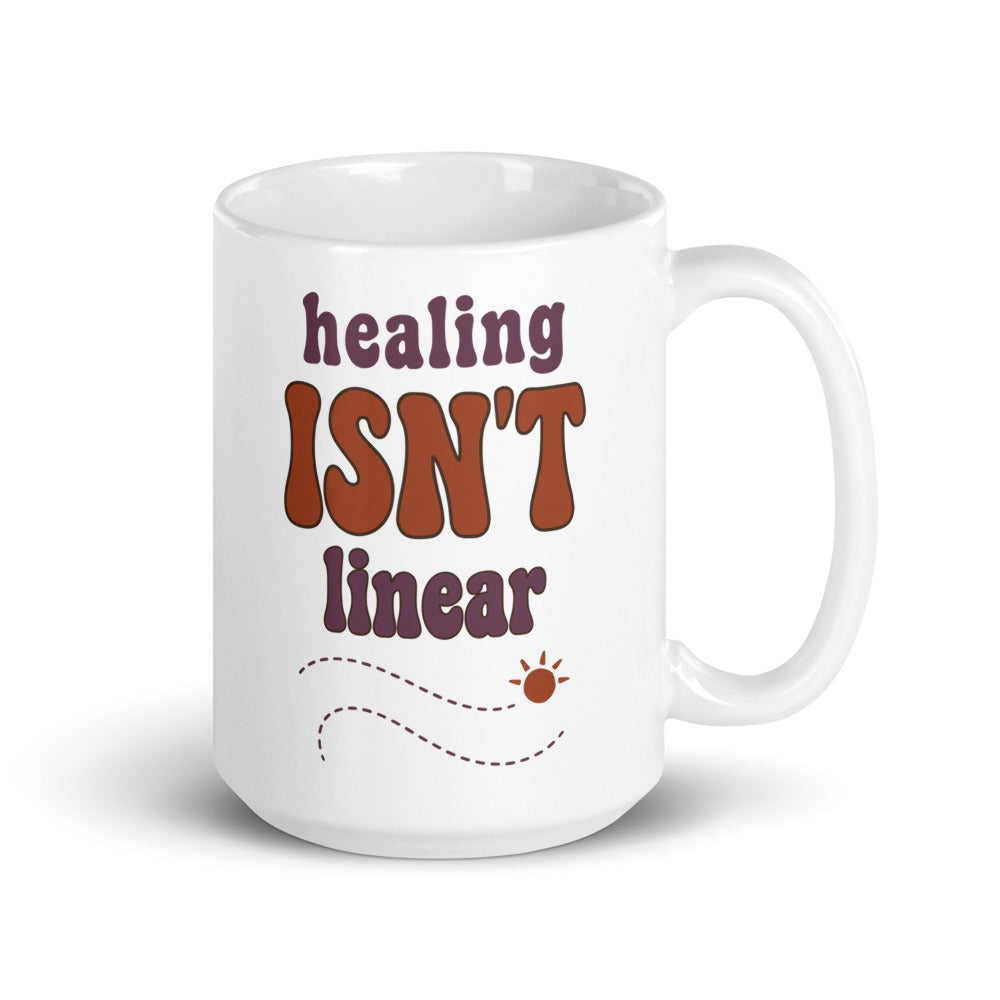 Healing Isn't Linear soft retro mental health mug — 15 oz, handle on the right