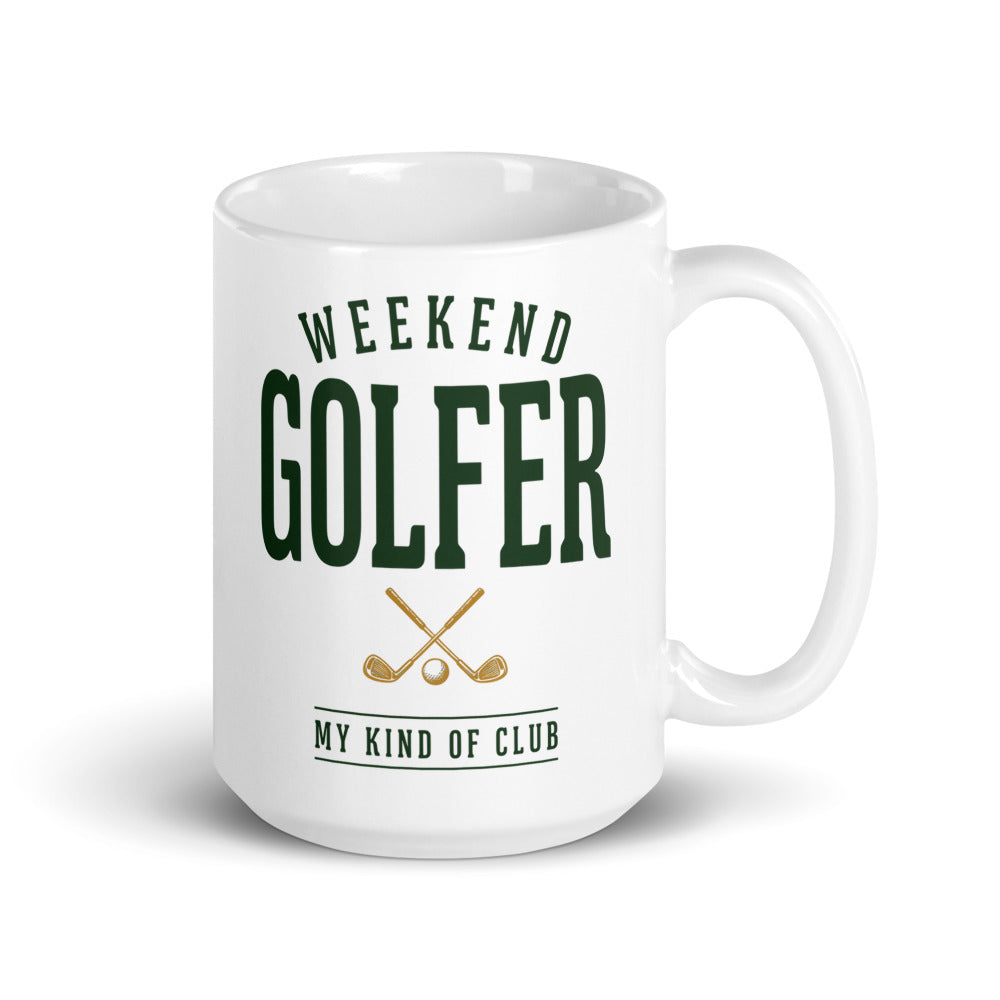 Weekend Golfer Wordmark print — 15 oz, handle on the right