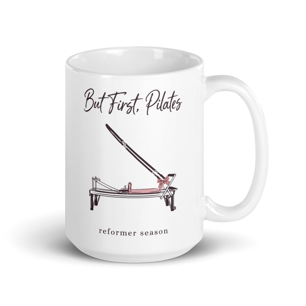 But First Pilates reformer line-art mug — 15 oz, handle on the right