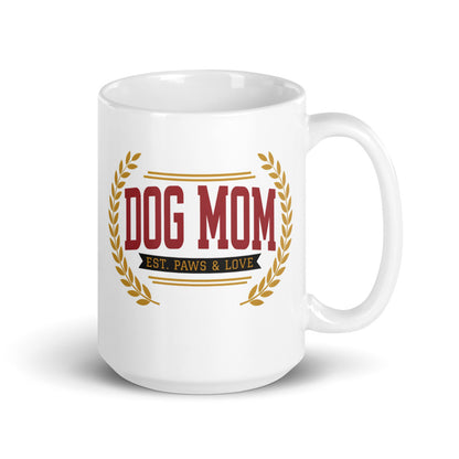 Dog Mom Est. Varsity Wordmark print — 15 oz, handle on the right