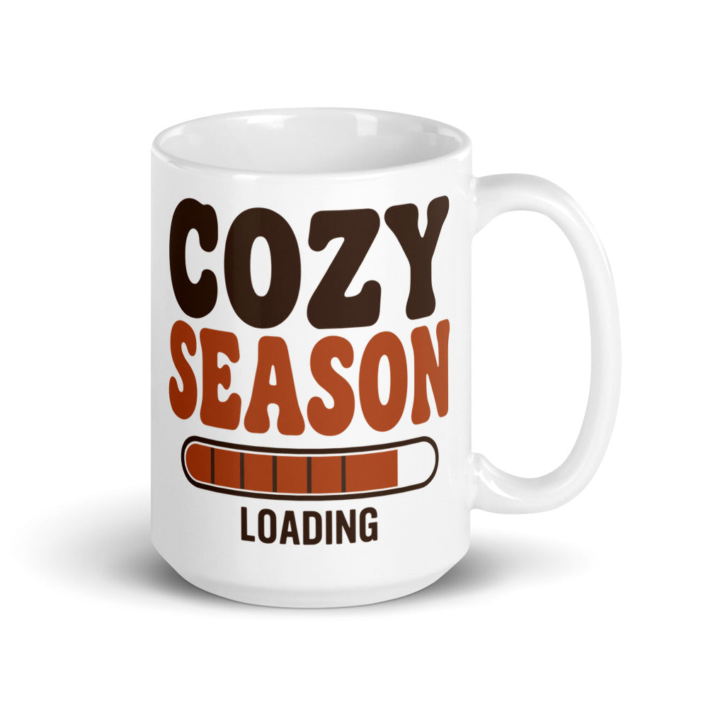 Cozy Season Loading retro 70s fall coffee mug — 15 oz, handle on the right