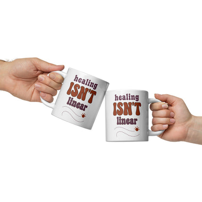 Healing Isn't Linear soft retro mental health mug — 20 oz, front