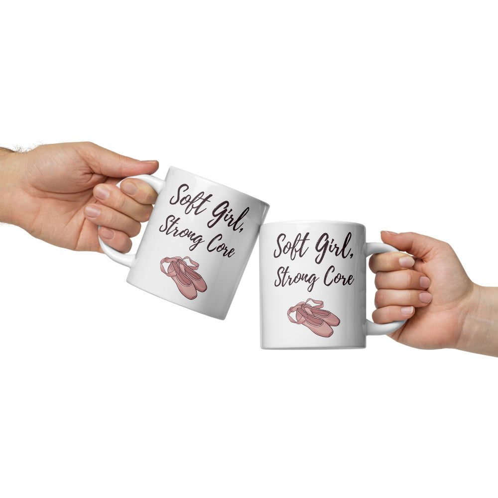 Soft Girl, Strong Core ballet-slipper pilates mug — 20 oz, front