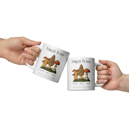 Forest Fungi vintage mushroom field guide mug — 20 oz, front