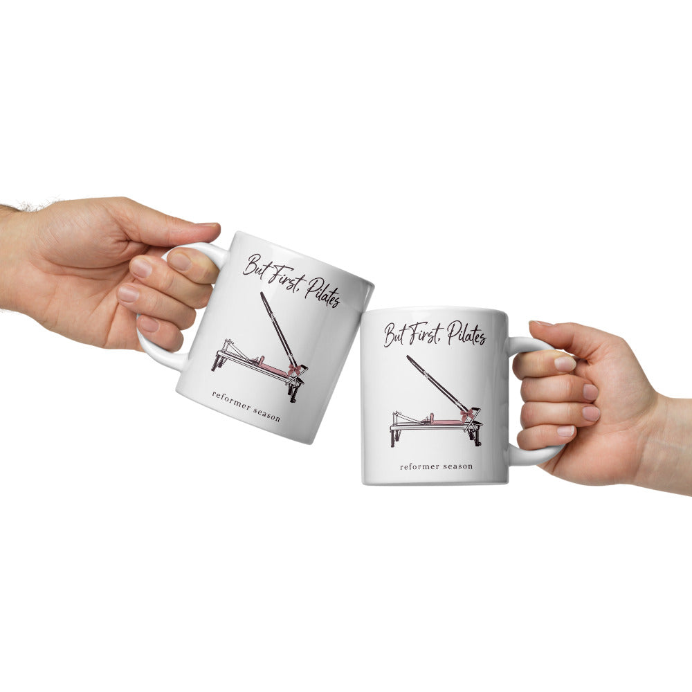 But First Pilates reformer line-art mug — 20 oz, front
