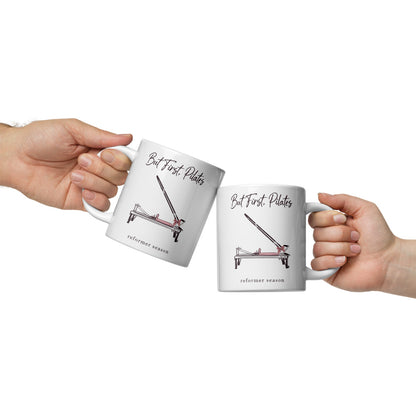 But First Pilates reformer line-art mug — 20 oz, front