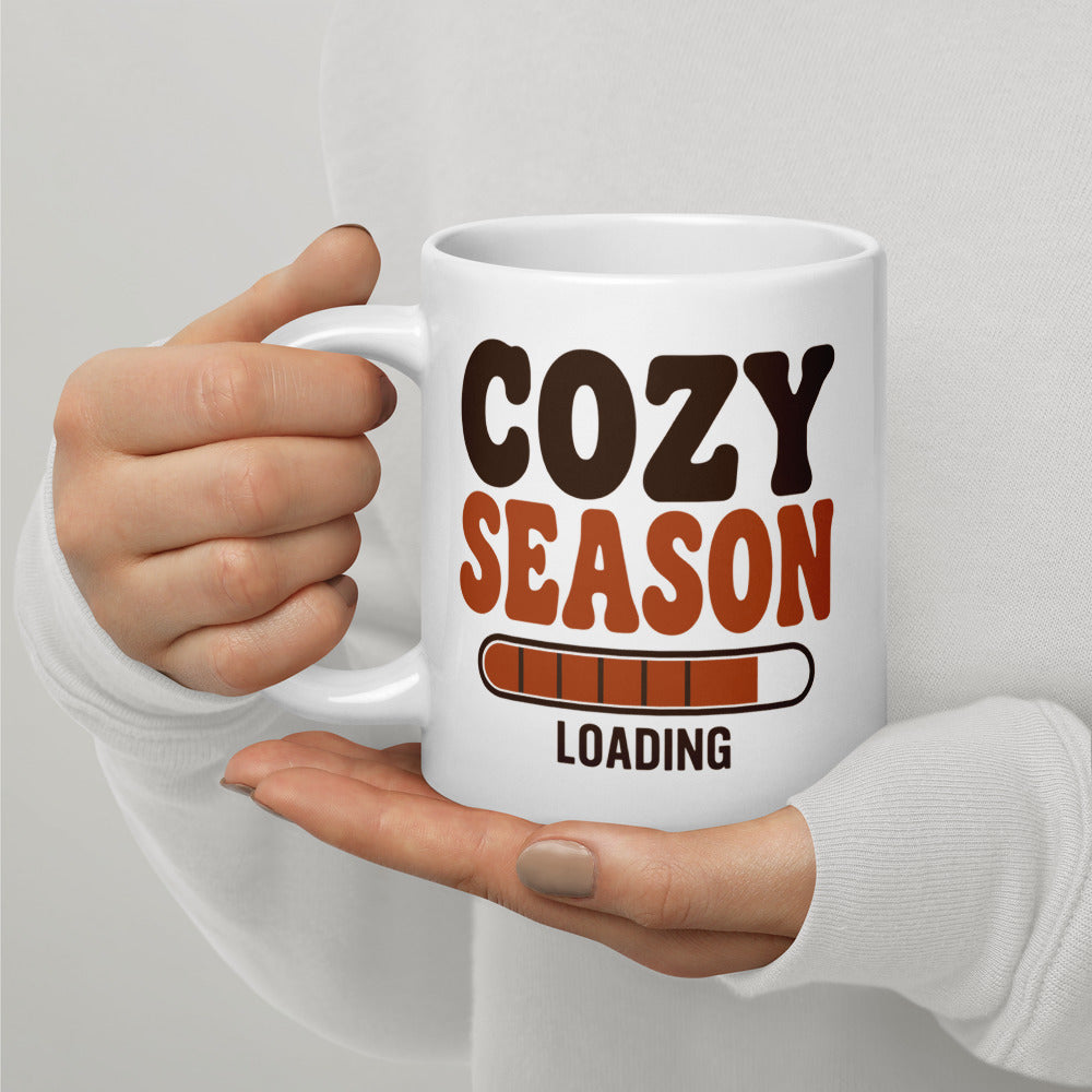 Cozy Season Loading retro 70s fall coffee mug — 20 oz, handle on the left