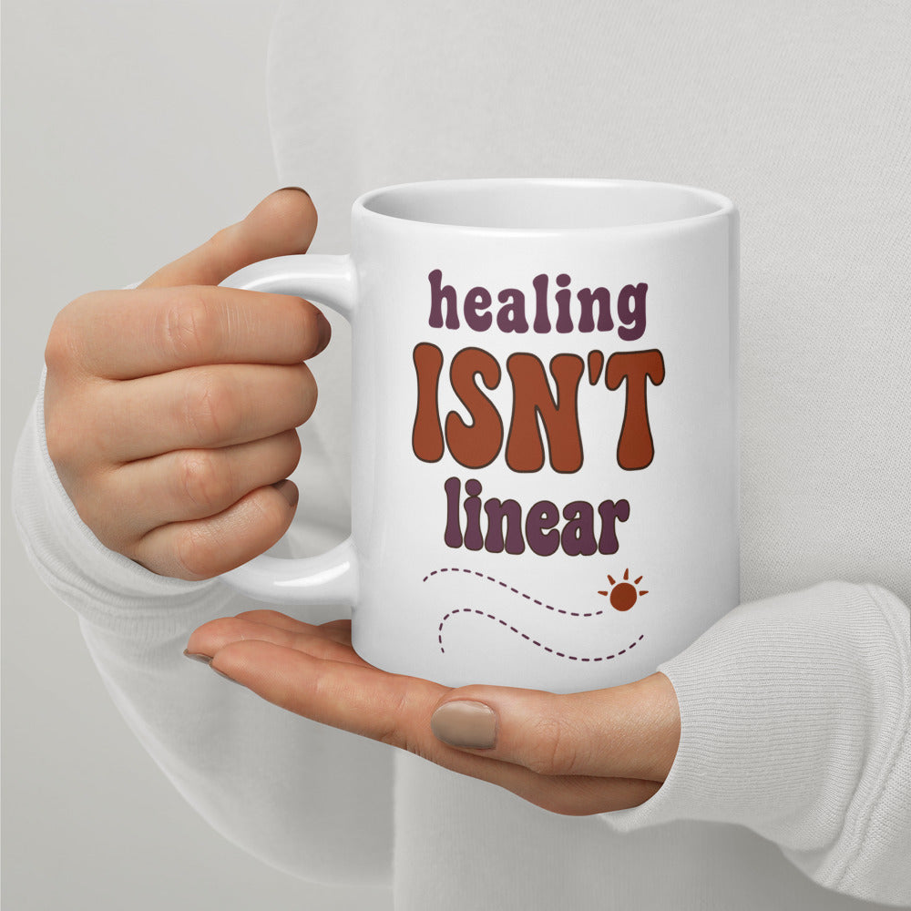 Healing Isn't Linear soft retro mental health mug — 20 oz