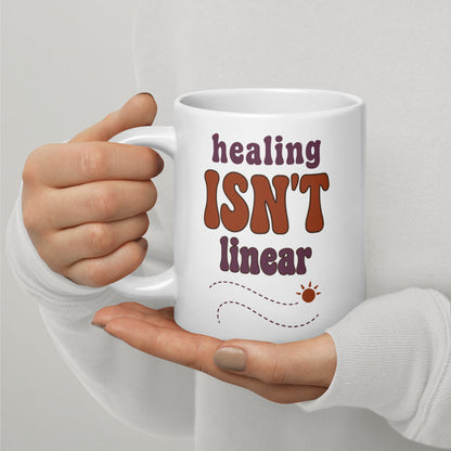 Healing Isn't Linear soft retro mental health mug — 20 oz