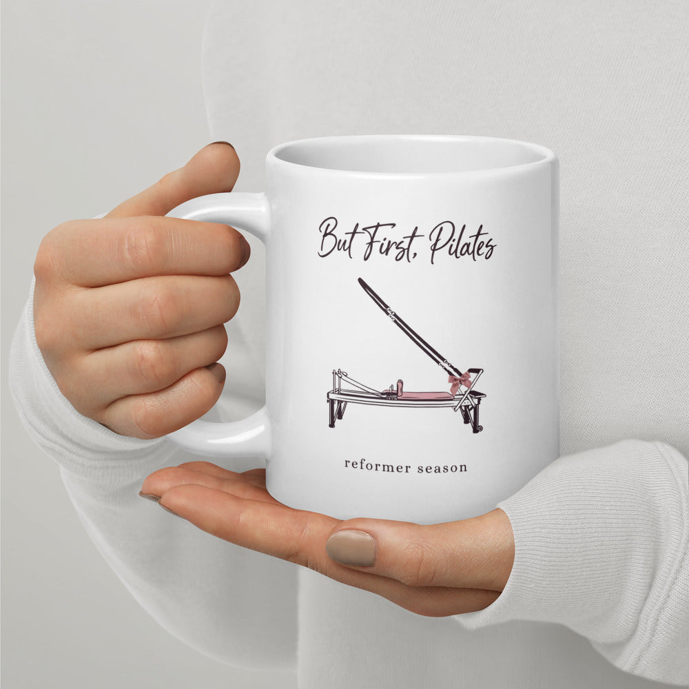 But First Pilates reformer line-art mug — 20 oz