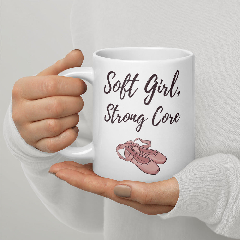 Soft Girl, Strong Core ballet-slipper pilates mug — 20 oz