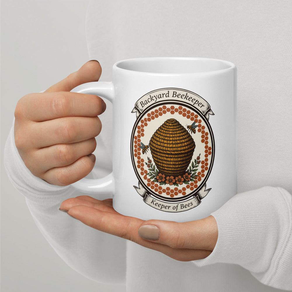 Backyard Beekeeper Keeper of Bees vintage apiary crest ceramic mug — 20 oz