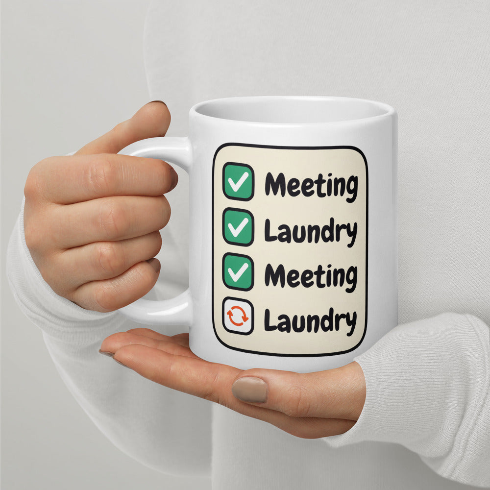 Meeting Laundry funny office coffee mug — 20 oz, handle on the left