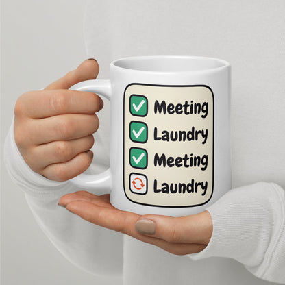 Meeting Laundry funny office coffee mug — 20 oz, handle on the left