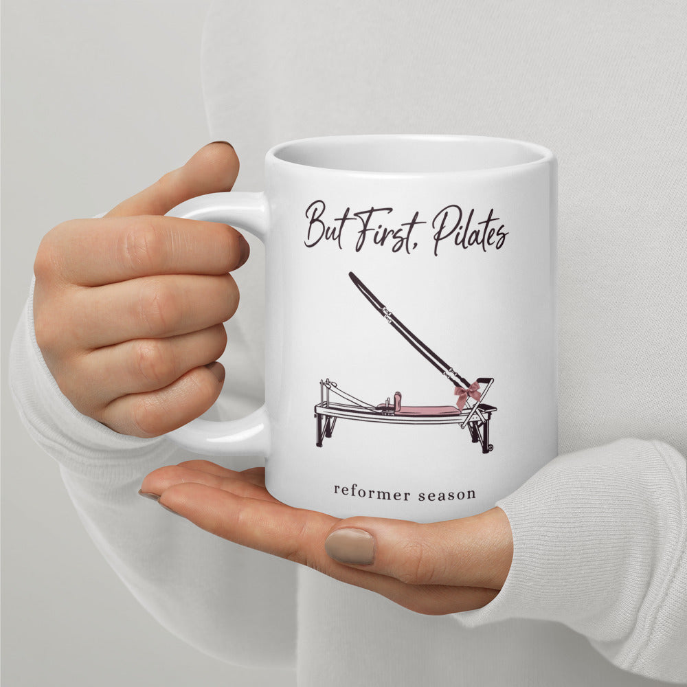 But First Pilates reformer line-art mug — 20 oz