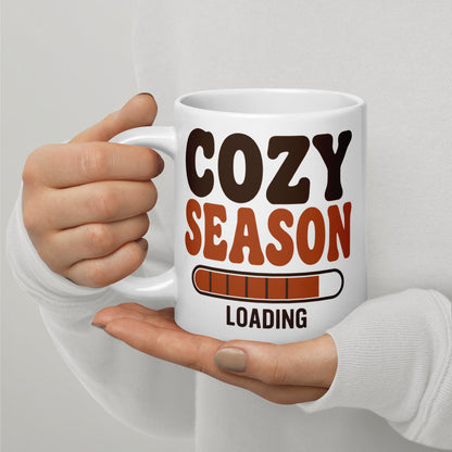 Cozy Season Loading retro 70s fall coffee mug — 20 oz, handle on the left