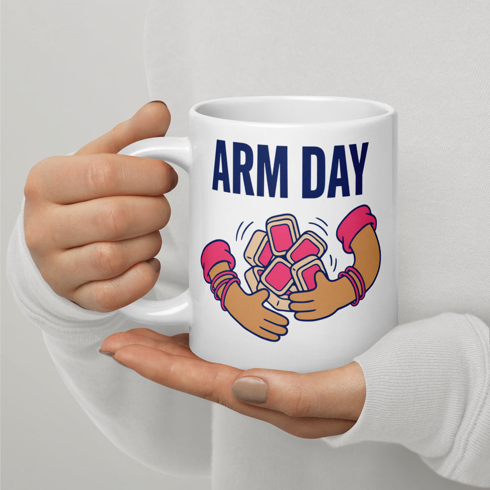 Arm Day funny mahjong mug — 20 oz, handle on the left