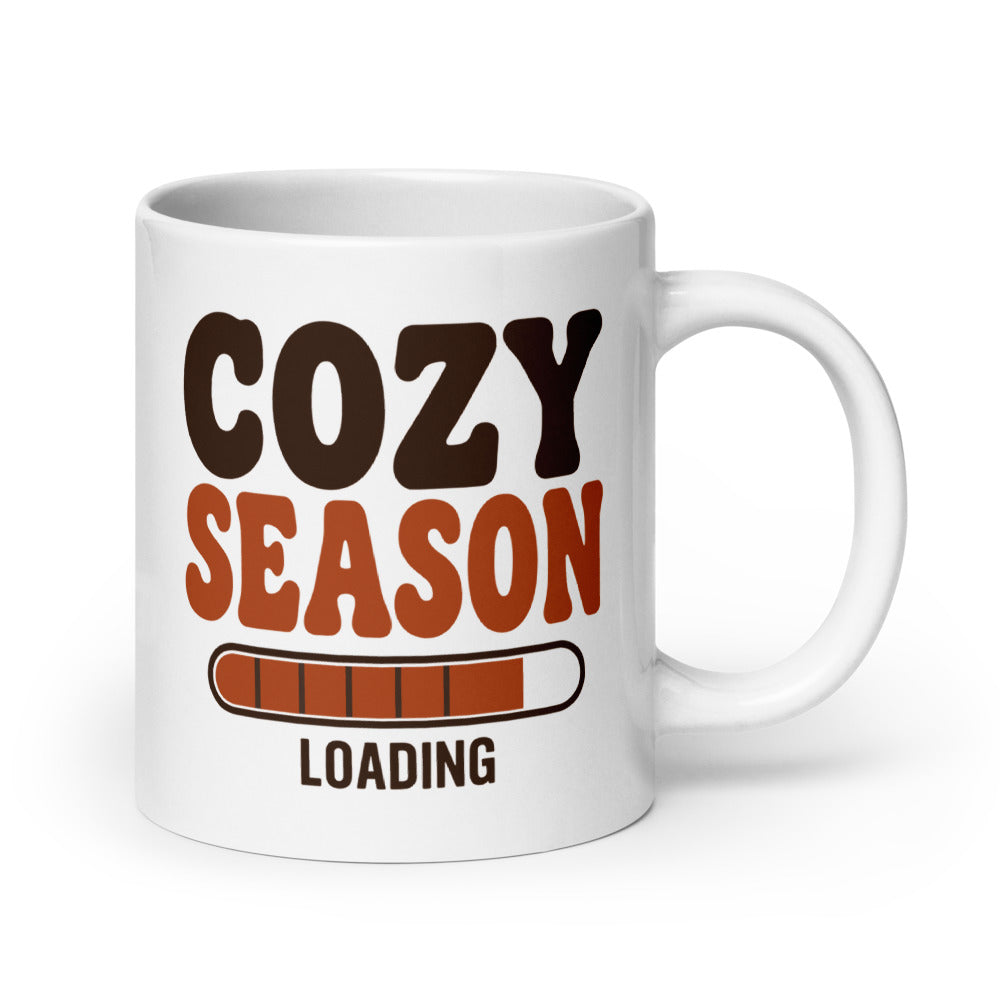 Cozy Season Loading retro 70s fall coffee mug — 20 oz, handle on the right