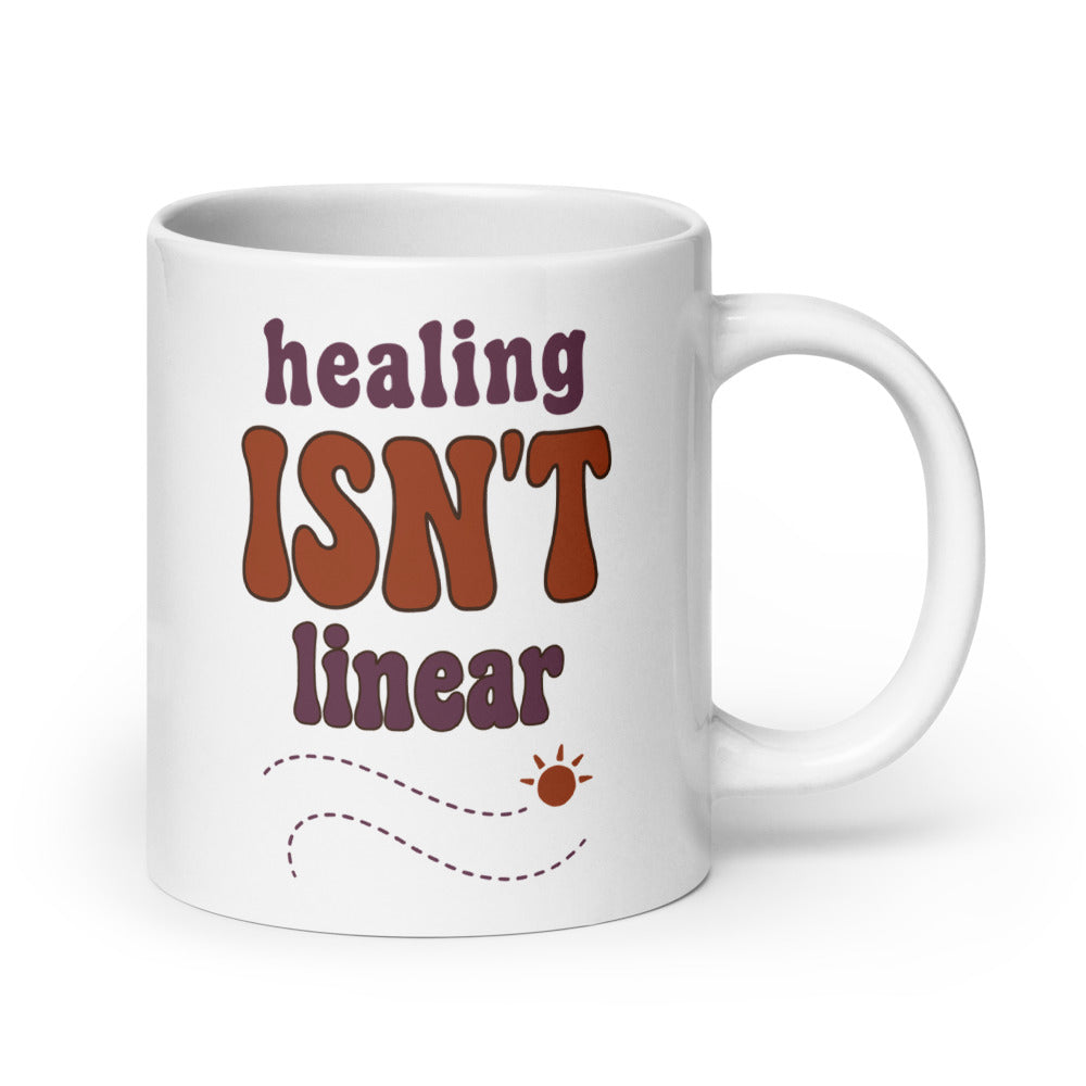 Healing Isn't Linear soft retro mental health mug — 20 oz, handle on the right