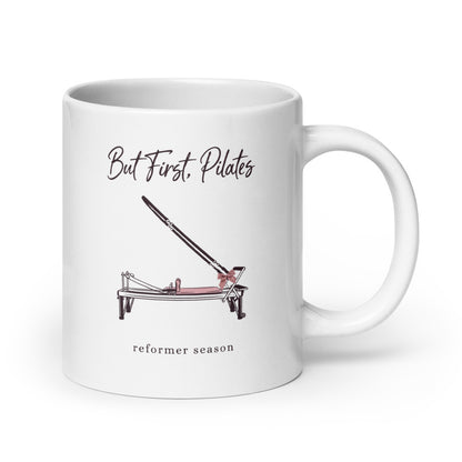 But First Pilates reformer line-art mug — 20 oz, handle on the right