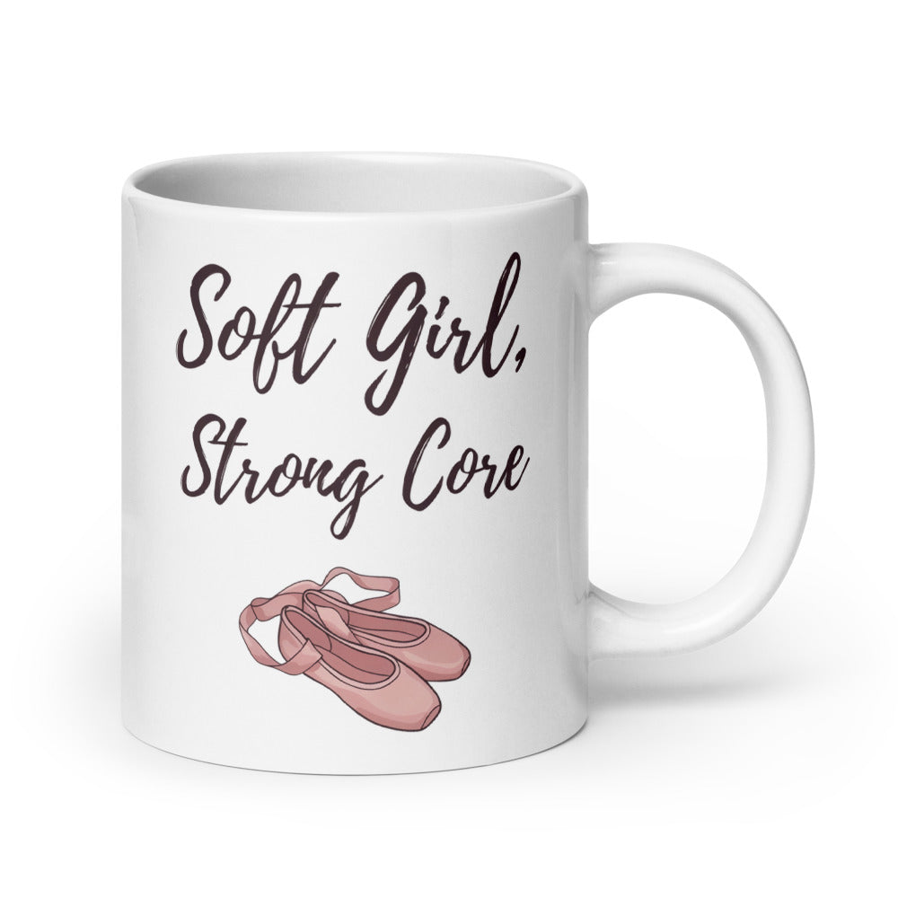 Soft Girl, Strong Core ballet-slipper pilates mug — 20 oz, handle on the right