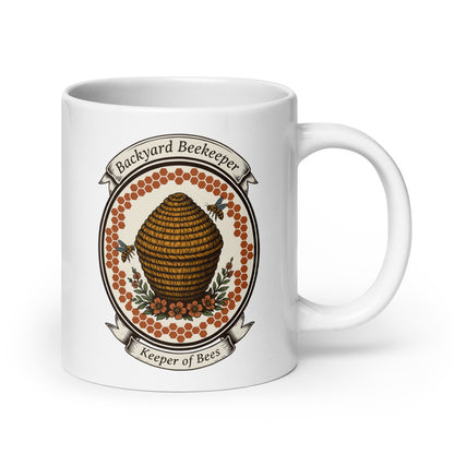 Backyard Beekeeper Keeper of Bees vintage apiary crest ceramic mug — 20 oz, handle on the right