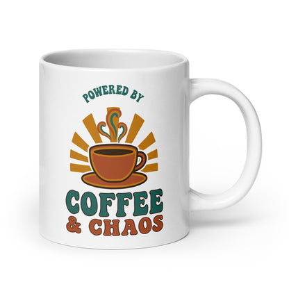 Powered By Coffee & Chaos print — 20 oz, handle on the right