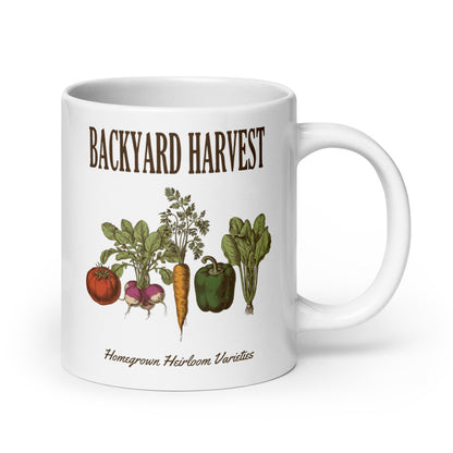 Backyard Harvest Heirloom Varieties print — 20 oz, handle on the right