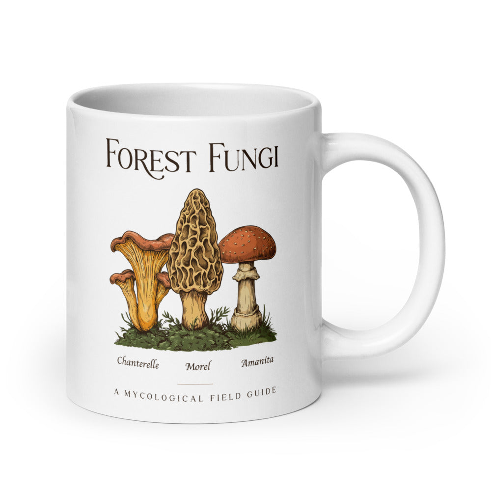Forest Fungi vintage mushroom field guide mug — 20 oz, handle on the right