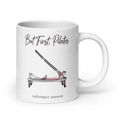 But First Pilates reformer line-art mug — 20 oz, handle on the right