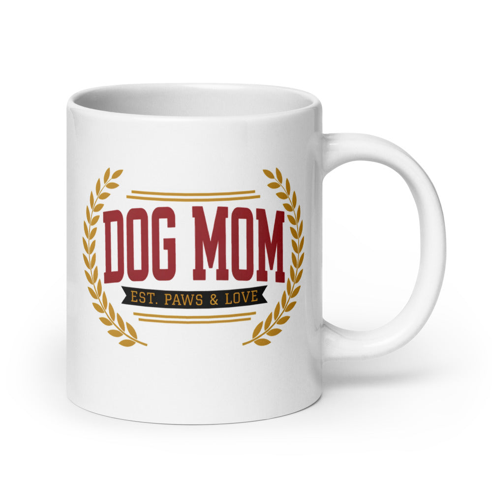 Dog Mom Est. Varsity Wordmark print — 20 oz, handle on the right