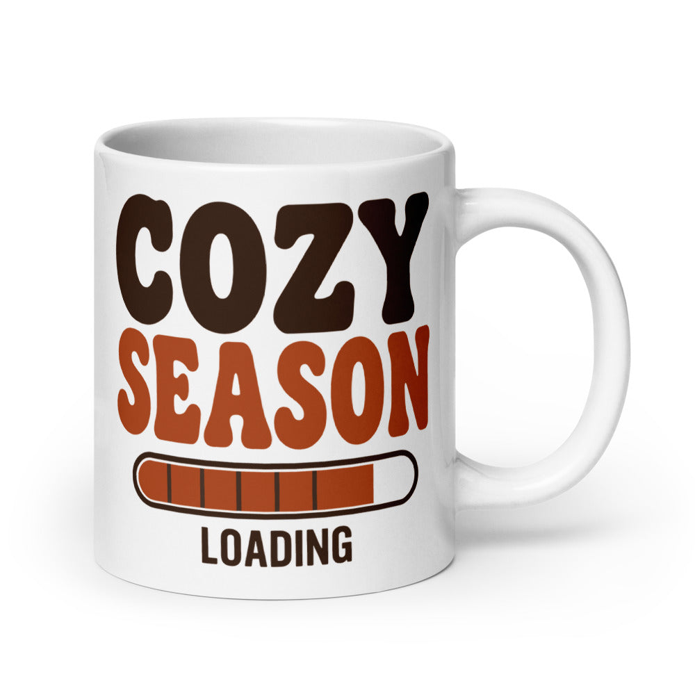 Cozy Season Loading retro 70s fall coffee mug — 20 oz, handle on the right