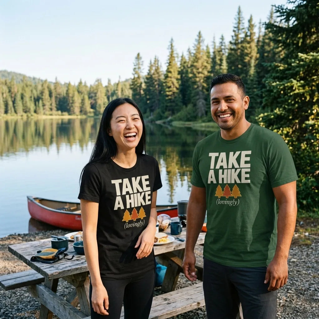 Take a Hike retro outdoors humor typography tee — two friends laughing at a lakeside campsite, Black and Forest