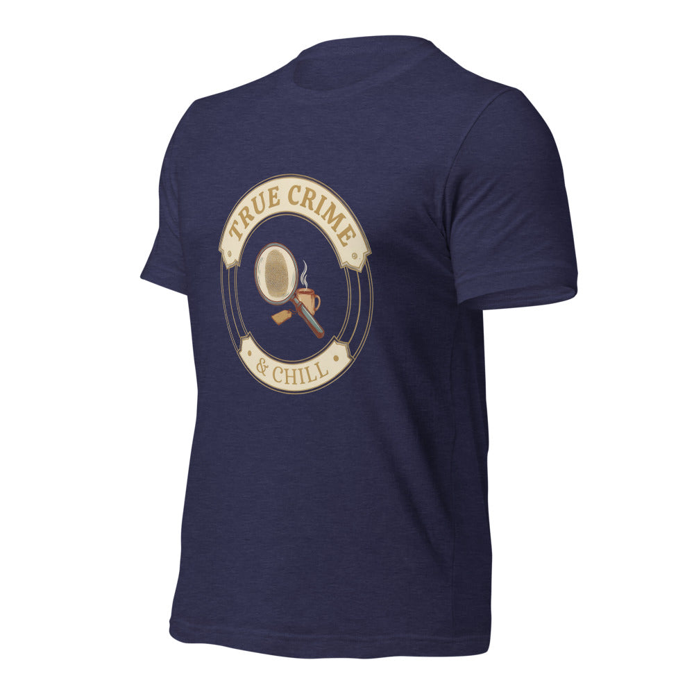 True Crime and Chill vintage case-file badge tee — Heather Midnight Navy, front-right
