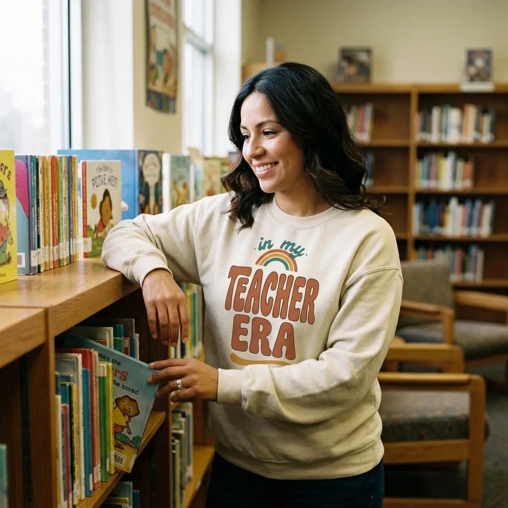 In My Teacher Era retro groovy teacher crewneck — Latina teacher browsing books in a school library, wearing the Sand crewneck
