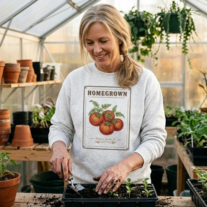 Homegrown Heirloom Seed Packet gardening crewneck sweatshirt — lifestyle