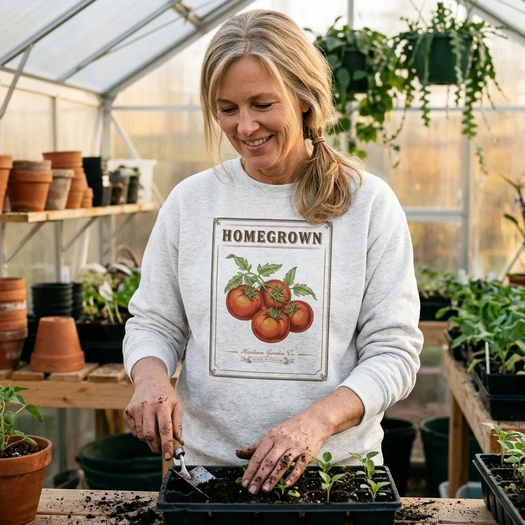 Homegrown Heirloom Seed Packet gardening crewneck sweatshirt — lifestyle