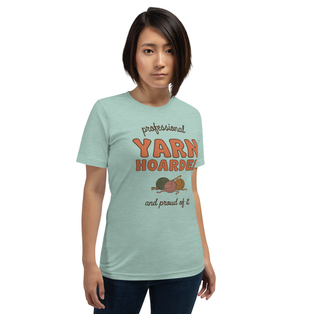Model wearing the Professional Yarn Hoarder crochet tee — Heather Prism Dusty Blue
