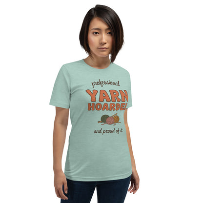 Model wearing the Professional Yarn Hoarder crochet tee — Heather Prism Dusty Blue