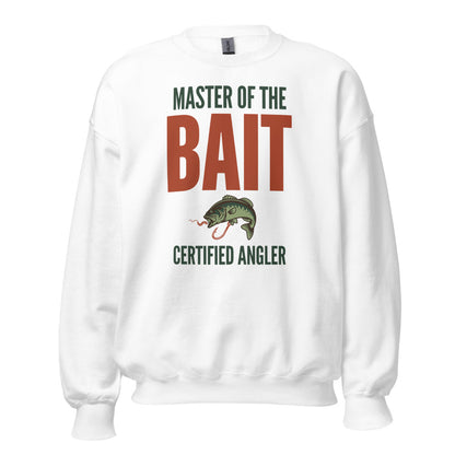 Master of the Bait retro fishing humor crewneck sweatshirt — White, front