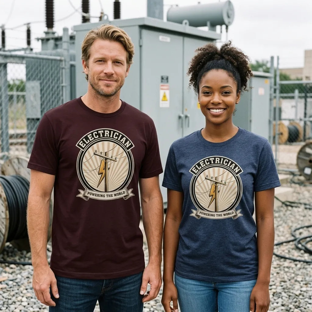 Powering The World electrician emblem tee — lifestyle